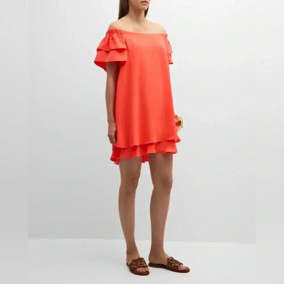 Trina Turk orange red Piper Off-Shoulder roomy Ruffle Mini Dress size XS - Picture 2 of 12